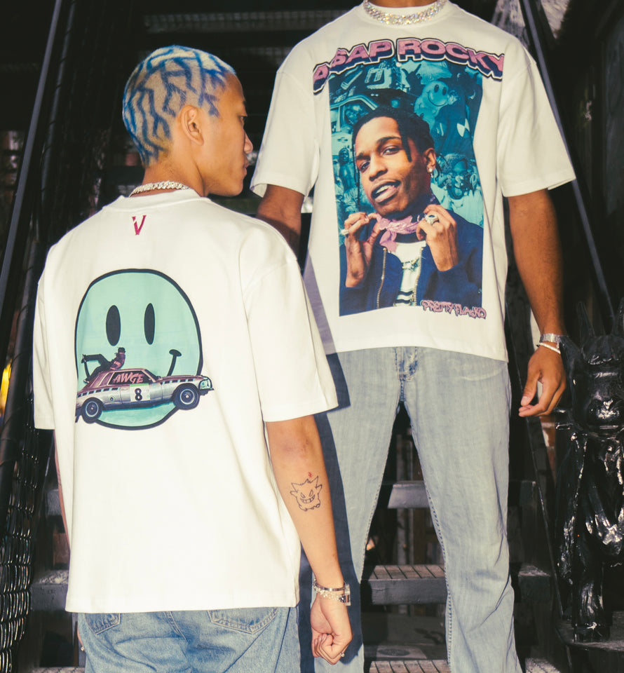 A$AP ROCKY "testing" tee. Front and back view, white streetwear t-shirt with motive A$AP. Model has blonde buzzcut with blue lightning